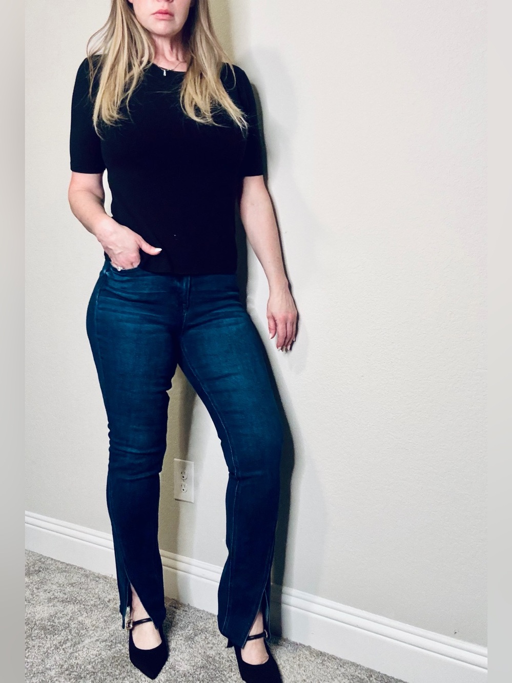 Flying Monkey High Rise Dark Denim Split Skinny Flare Jeans Sz 29